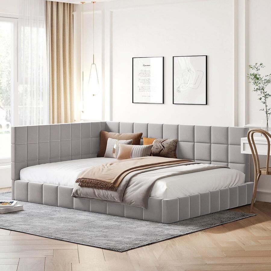 Sweiko Gestofferde Slaapbank 140x200cm Multifunctioneel bed met Platte noedelsvoet Gemaakt van huidvriendelijke fluwelen stof Grijs (Geen matras)