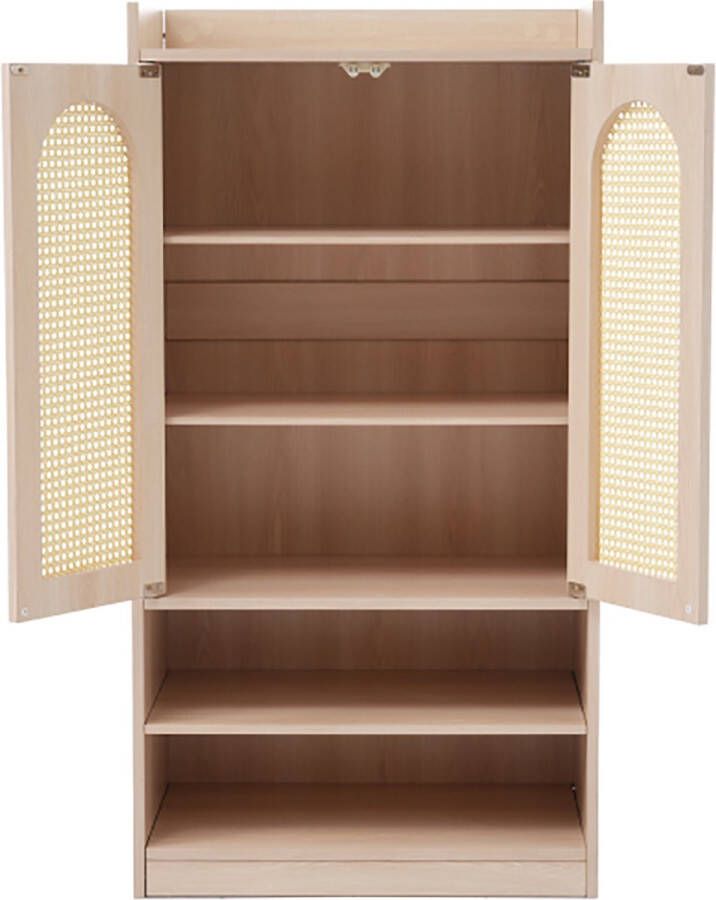 Sweiko houten schoenenkast dressoir 115 cm hoog 2 open vakken rotan deur verstelbare planken - Foto 2
