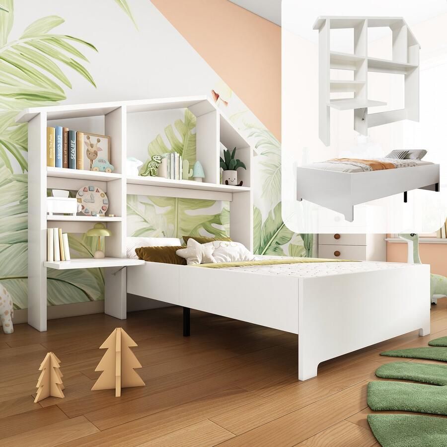 Sweiko Kinderbed 90 x 200 cm hout met boekenplank opbergruimte en lattenbodem eenpersoons zonder matras wit