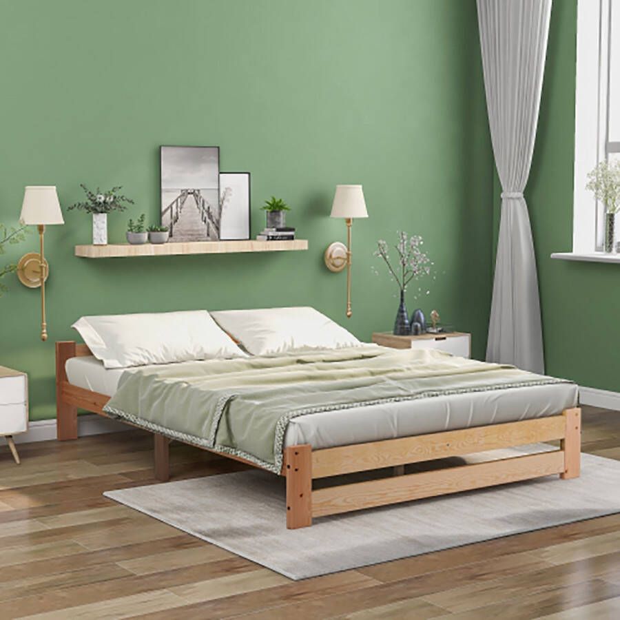 Sweiko massief houten bed futonbed massief hout naturel bed met hoofdbord en lattenbodem naturel (200x140cm)