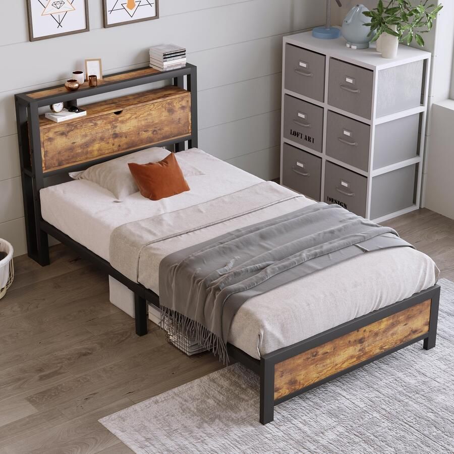 Sweiko Metalen bed Jeugdbed Enkelbed 90 x 200 cm met Opberghoofdeinde en metaal Vlak noedelsframe kinderbed Metalen bedframe Volwassen bedframe kinderen jeugd Zwart industrieel bed - Foto 2