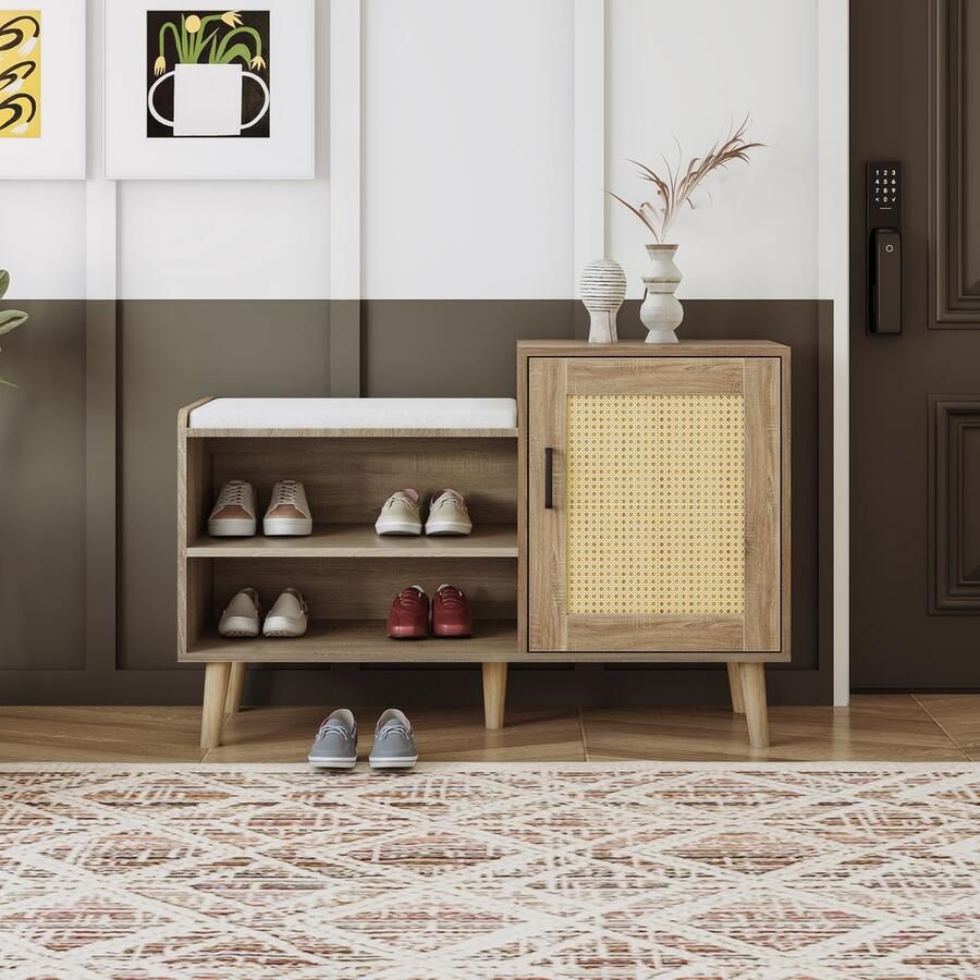 Sweiko Rotan deur schoenkast met verstelbare planken afneembare kussens massief houten voeten kleur eiken geschikt voor hal woonkamer en slaapkamer schoenwisselbank