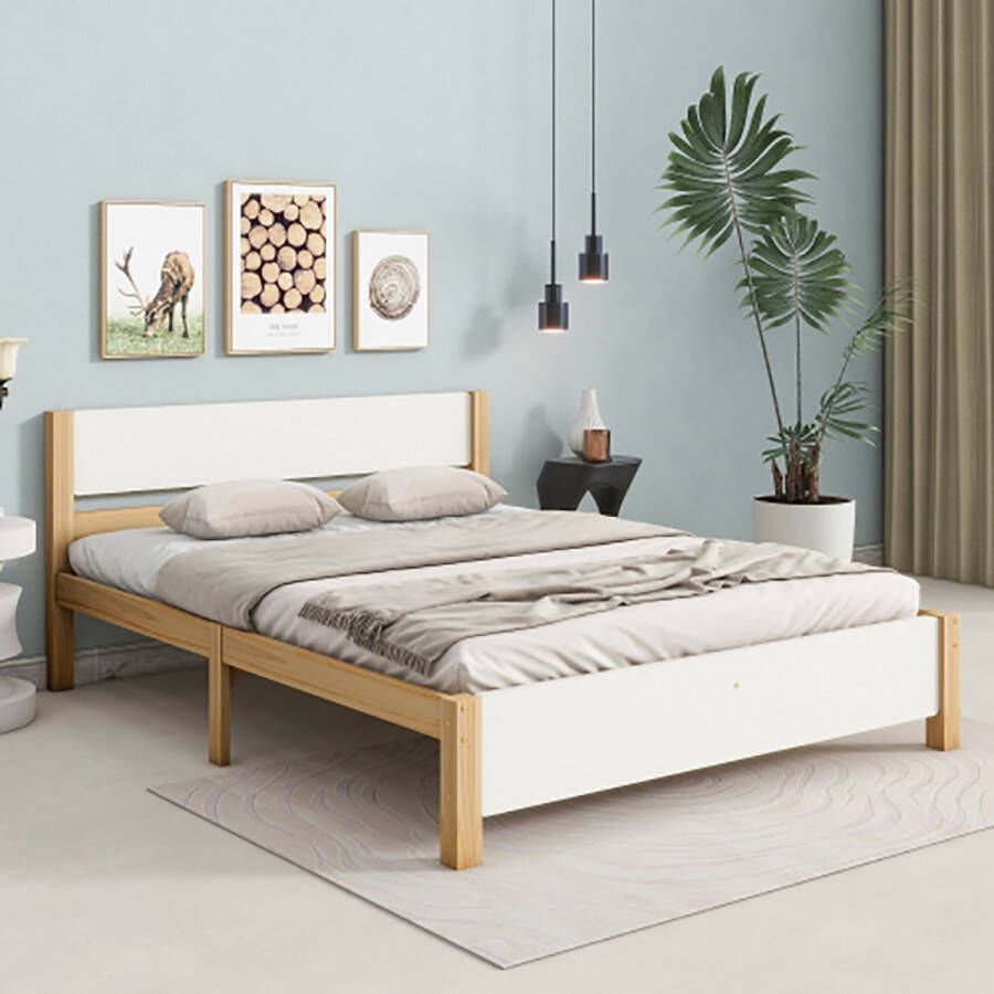 Sweiko tweepersoonsbed houten bed grenenhouten frame met middenpoot jeugdbed volwassenenbed met hoofdbord en voeteneind van MDF wit + naturel 140x200 cm