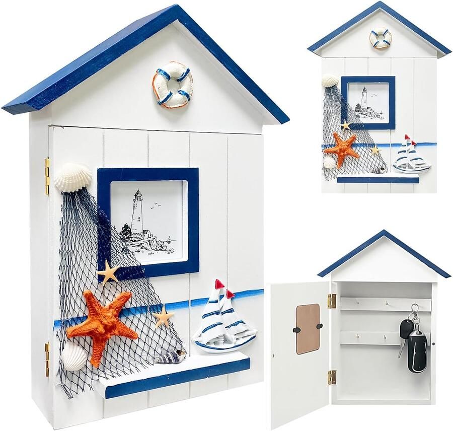 Key Cabinet Swimming Ring Vintage with 6 Key Hooks for Wall Mounting Modern Key Cabinet for Entrance Hallway Office 30 x 22 x 6.5 cm