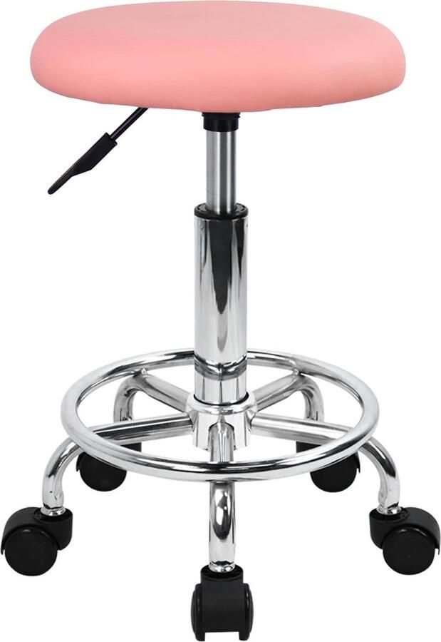 Swivel Rolling Kruk Hoogte Verstelbare PU Lederen Kussen Salon Vanity Massage Kantoorkruk Stoel Klein (Roze)