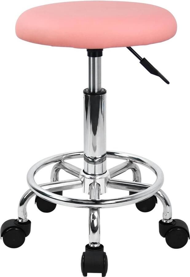 Swivel Rolling Kruk Hoogte Verstelbare PU Lederen Kussen Salon Vanity Massage Kantoorkruk Stoel Klein Roze Ergonomisch Ontwerp