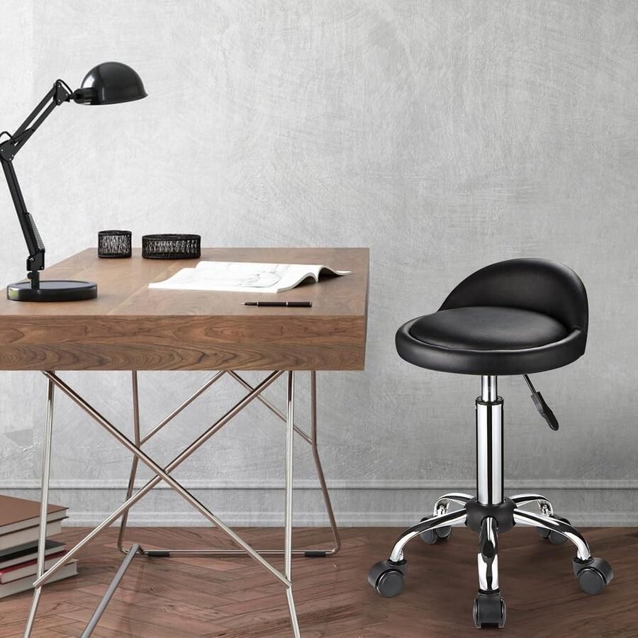 Swivel Rolling Kruk Verstelbare Stoel met Lage Rug en Wielen Zwart - Foto 2