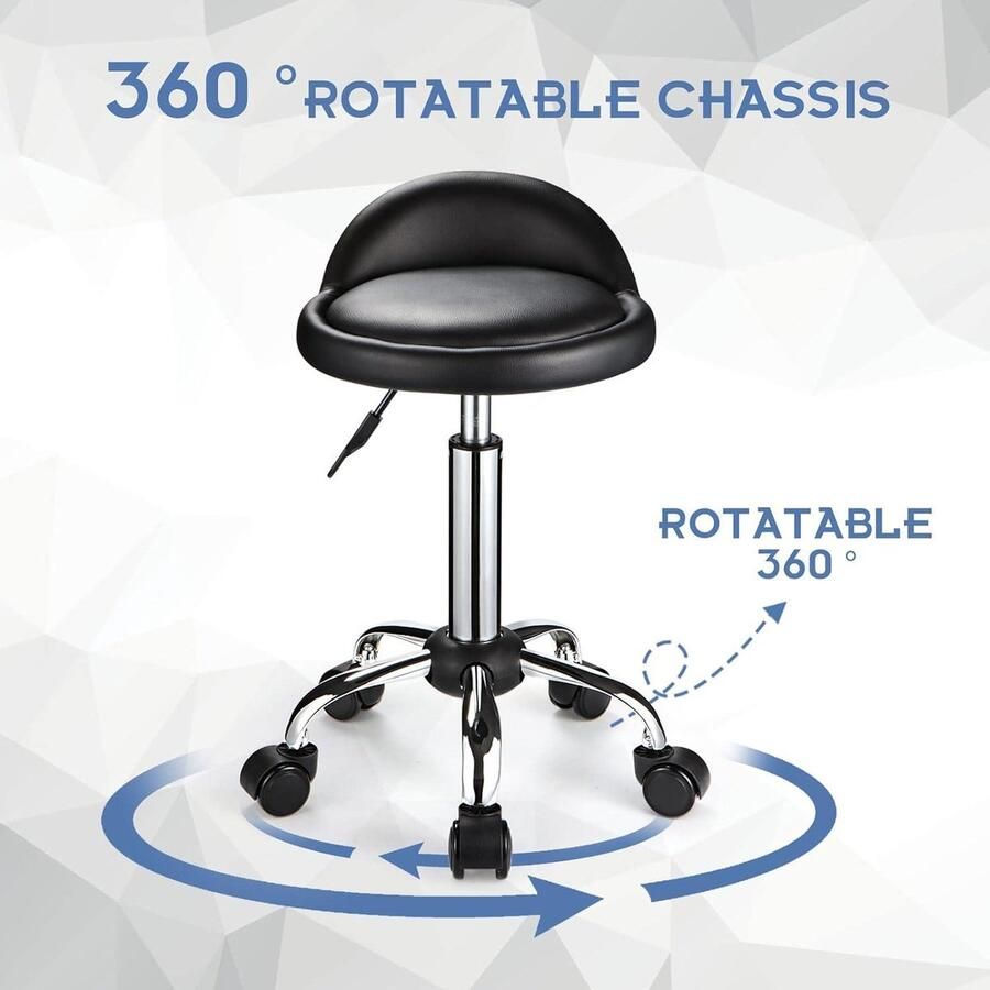 Swivel Rolling Kruk Verstelbare Stoel met Lage Rug en Wielen Zwart