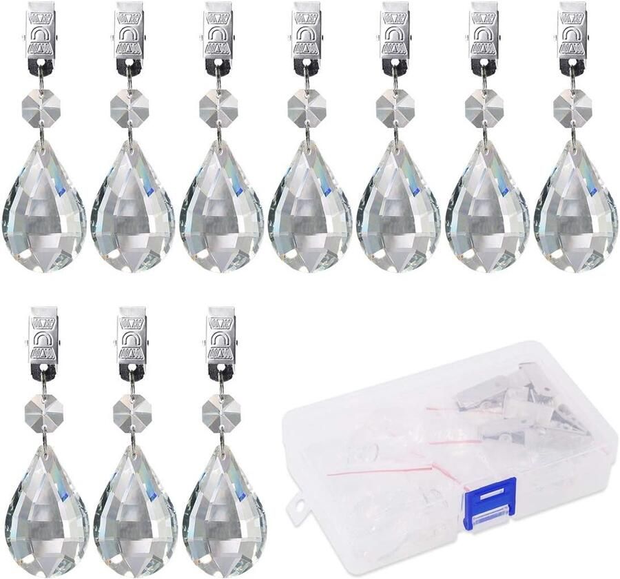 SWPeet 10 stuks marquise tafelkleed gewichten met 10 metalen clips set kristalglas druppelvorm prisma's hangers tafelkleedgewichten voor picknicktafels tafelkleed gewichten zwaar buiten