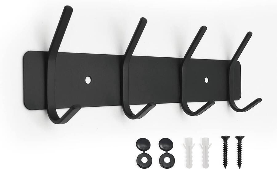 SYPEN Kapstok Wandmontage Robuuste RVS Wandhaak voor Badjassen Hoeden Kleding Tassen en Portemonnees Metalen Sleutelhaak met 4 Kleerhangerrails Mat Zwart