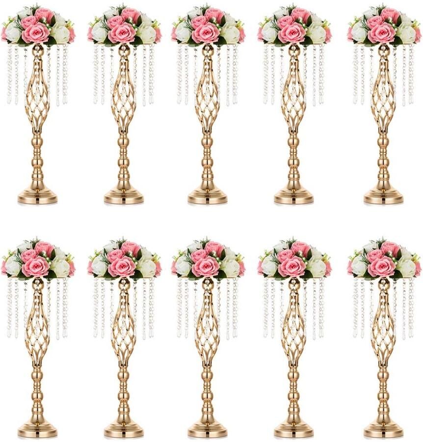 Sziqiqi 10 stuks bruiloftsvazen ​​voor tafels 55 cm hoge metalen gouden vazen ​​met kristallen kralenketting voor bruiloften kunstmatige bloemarrangementen voor feesten jubileumceremonies feesten evenementen recepties