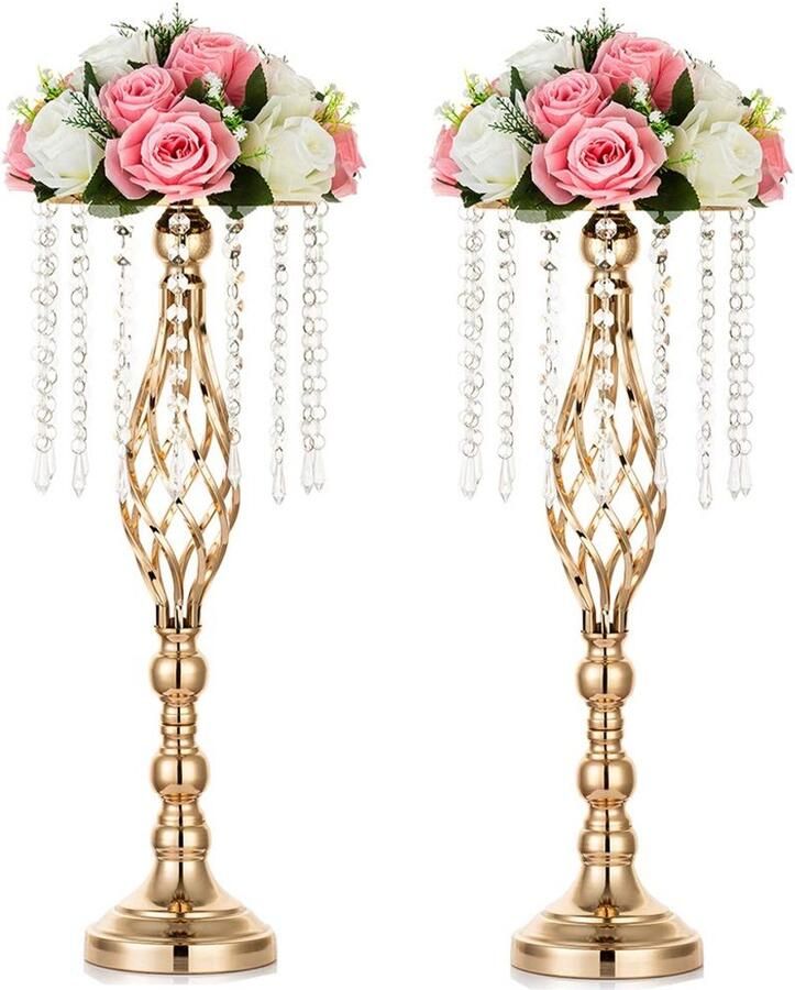 Sziqiqi 2 stuks bruiloftsvaas voor op tafel 55 cm hoge metalen gouden vazen ​​met kristallen parelketting voor bruiloften kunstmatige bloemstukken voor feesten jubileumceremonies evenementen recepties