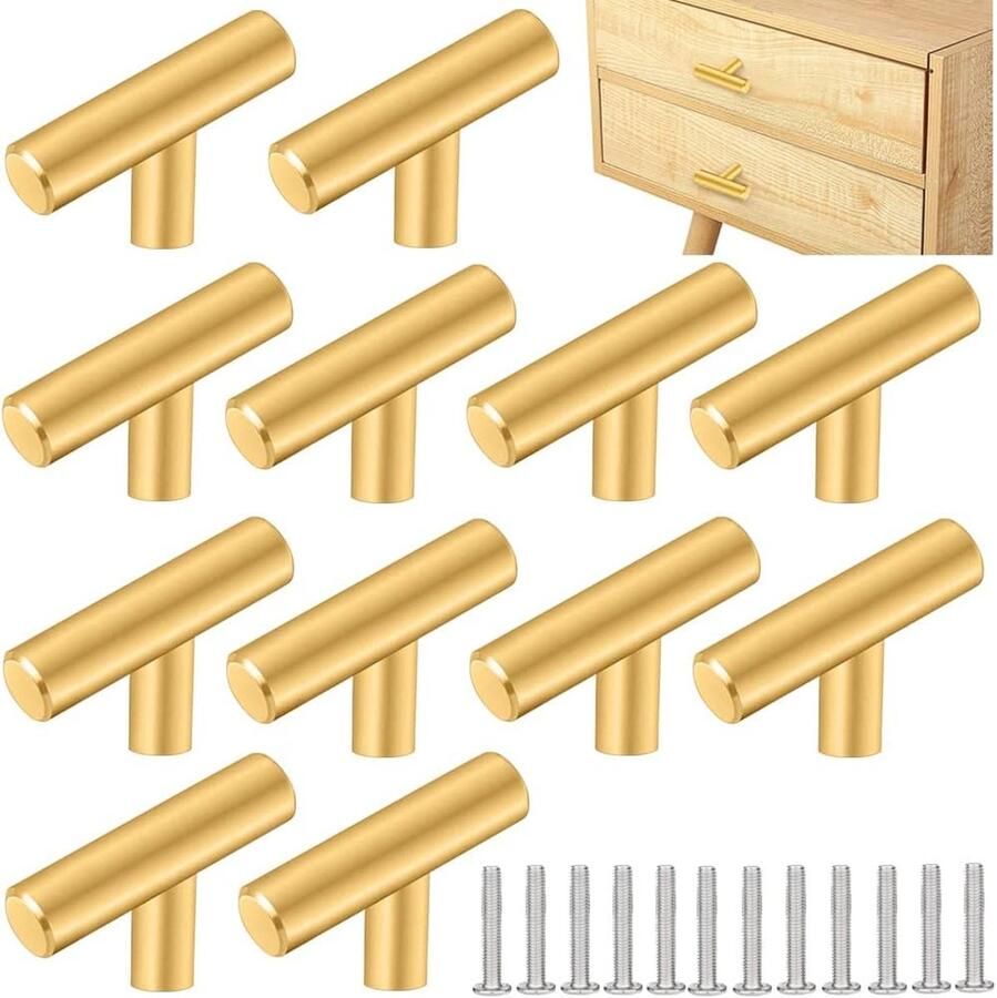 T-staafgreep roestvrij staal Keukenkast handgrepen 12 stuks Goud 50 mm