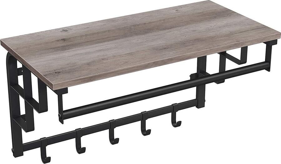 TA Design Wandgarderobe met legbord wandplank met 5 uitneembare haken hangplank met hangstang voor hal slaapkamer badkamer en woonkamer grijs-zwart