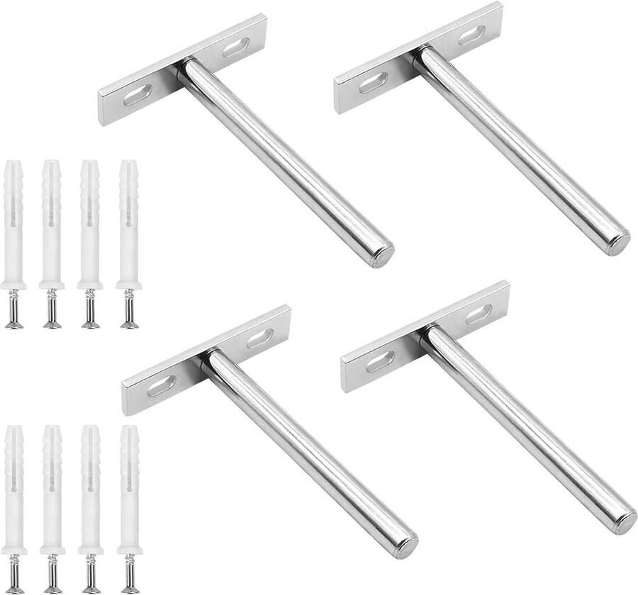 Tablardragers staal 4 stuks wandrek plankdragers T-vormige plankhouders onzichtbaar zwevende plankhouders met schroeven en pluggen zilver houten plank montage set