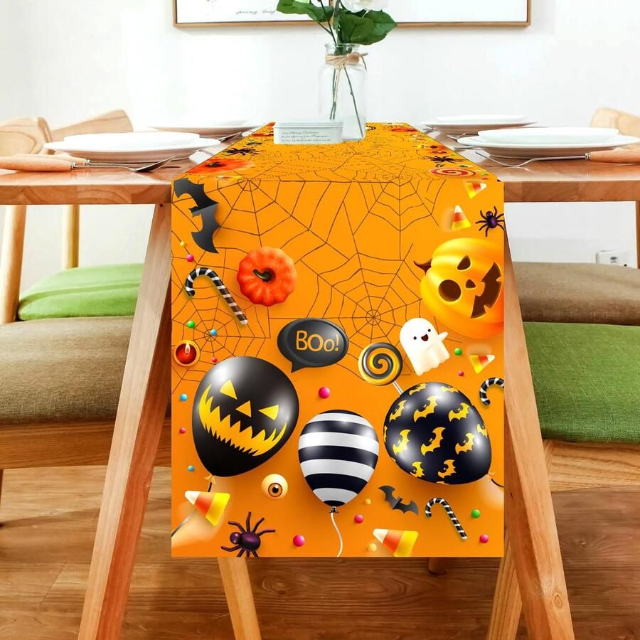 Table Runner Halloween Cobwebs Bats Pumpkins Halloween Tablecloth Autumn Table Runner for Kitchen and Dining Room Halloween Table Decoration