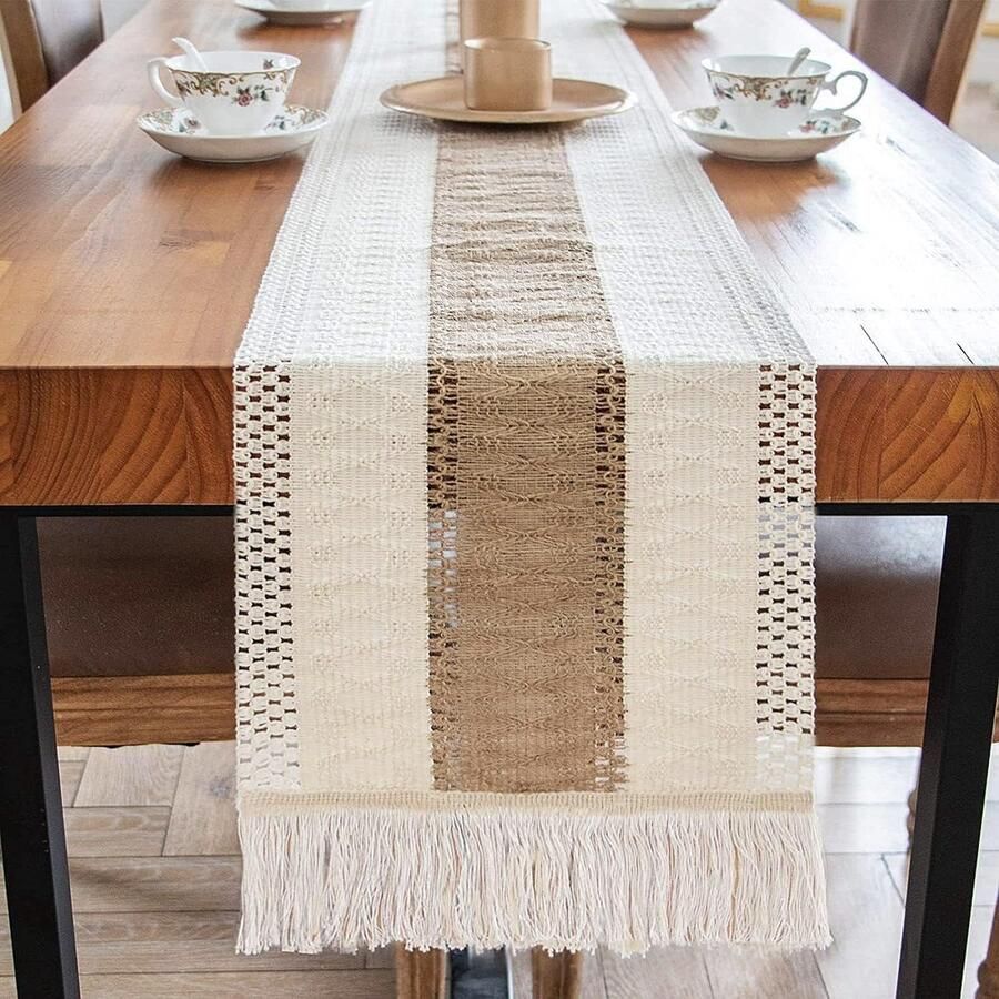 Table Runner Modern 180 cm Long Odourless Table Runner Wedding Boho Vintage Macrame with Tassel Table Runner for Wedding Banquet Decorative (Khaki)