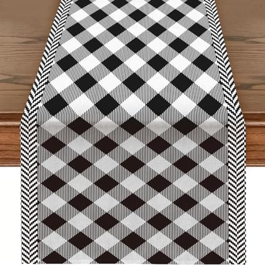 Table Runner with Black Diamond Pattern Linen Table Runner for Everyday Use Kitchen Dining Room Decoration Party Table 33 x 183 cm Black Check Pattern