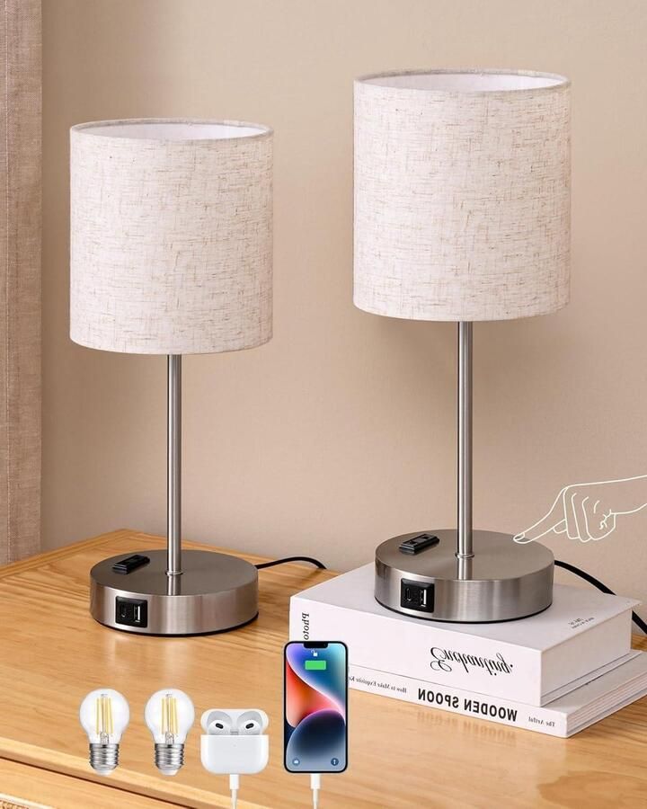 Tactiele Bedlampen Set van 2 met USB-poorten & Stopcontact Inclusief LED-lamp 3 Verstelbare Helderheden Beige Linnen Lampenkap