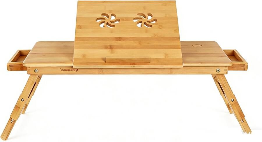 Tafel 72 x 35 x (21 29) cm naturel Opvouwbare tafel Computertafel Verstelbare hoogte nachttafel Met klein lade 5 kantelbare tafelbladen en ventilatieopeningen Stevig en duurzaam bamboe frame - Foto 3