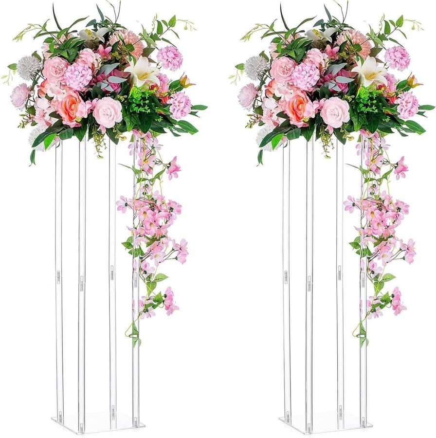 Tafel Centerpieces Vaas 2 Stuks 80cm Hoog Acryl Bloemen Vloer Vaas Kolom Bloemstuk Stand Geometrische Rechthoekige Display Rack voor Bruiloften Feestdecoratie