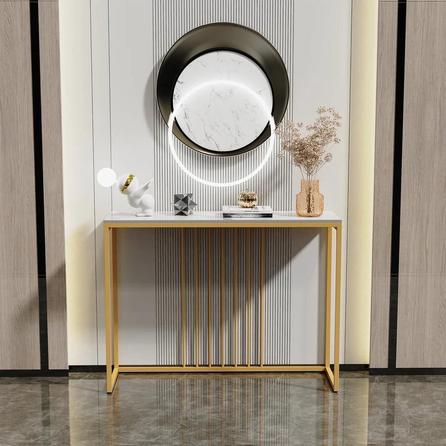 Tafel Consoletafel Haltafel Moderne & Minimalistisch Consoletafel – Marmeren Look – Smalle Haltafel met Gouden Metaal Frame – Luxe Bijzettafel voor Woonkamer Gang Entree 100x30x78.5cm Zwart