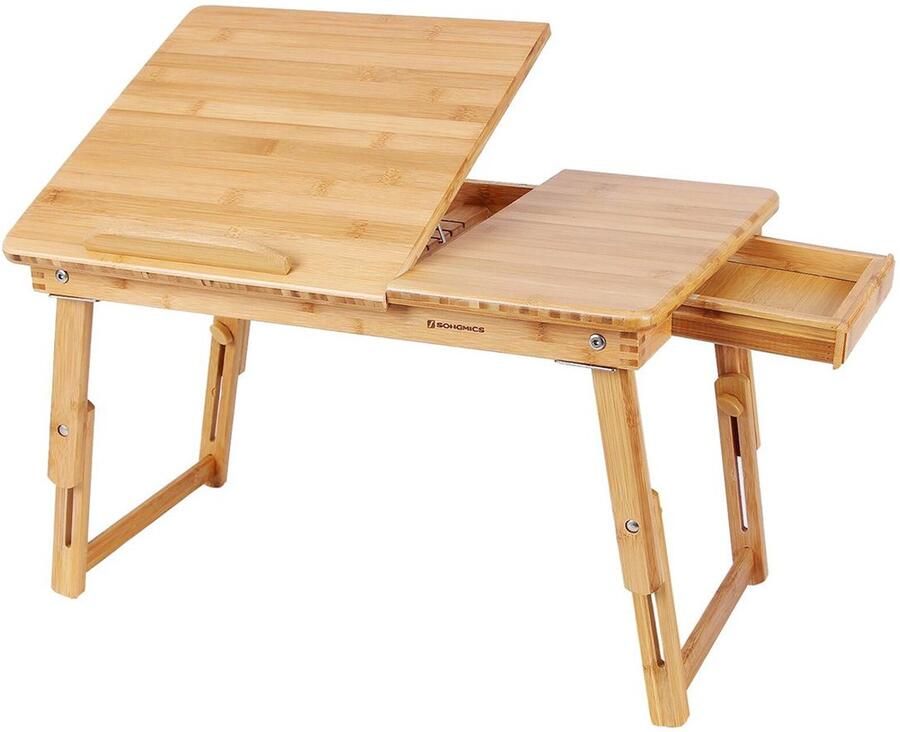 Tafel Opvouwbare tafel Laptoptafel Bedtafel Met lade en 5 verstelbare hoekbladen Stevig en duurzaam bamboeraamwerk 54 5 x 34 5 x (21 29) cm naturel