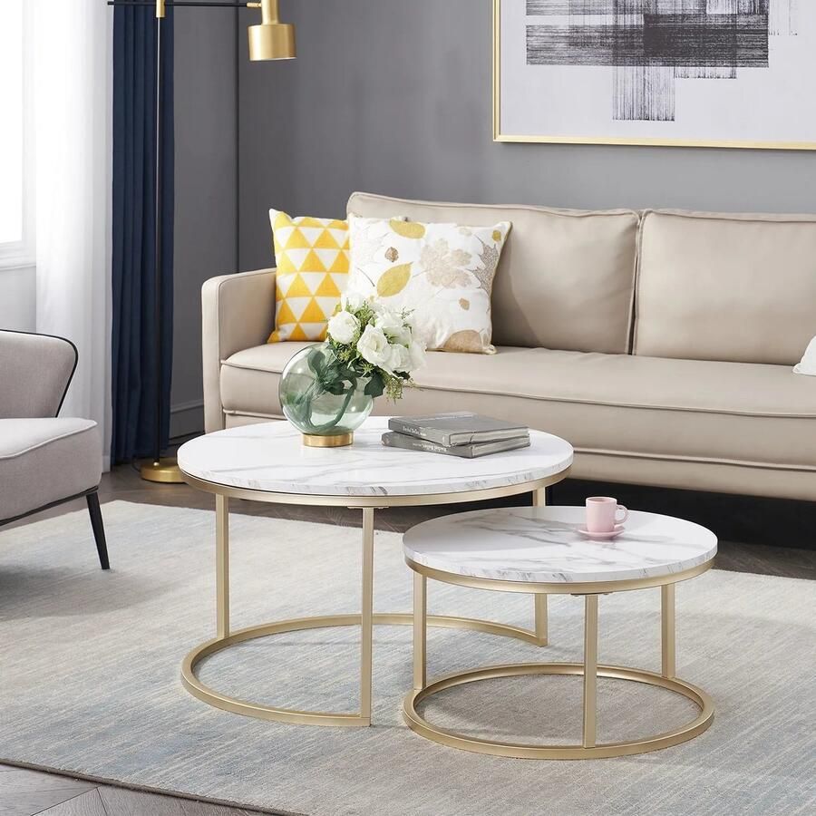 Tafel Salontafel 2pcs Marmeren Textuur Ronde Salontafel Modern Minimalistisch Massief Houten Deksel Goud Stalen Frame 60 x 60 x 45cm (Groot)- 40 x 40 x 35cm (Klein) Wit