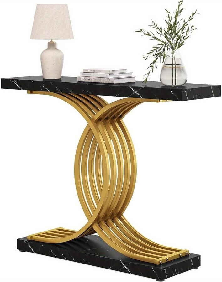 Tafel Zwarte Console Tafel met Gouden Frame – Imitatie Marmer – 39 inch – Moderne Haltafel & Banktafel voor Ingang of Woonkamer