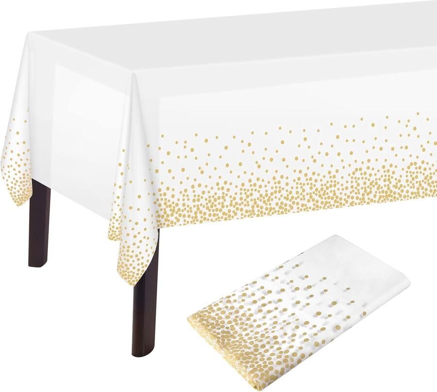 Tafelkleed met witte en gouden stippen feestdecoratie 1 stuk kunststof 137 x 274 cm