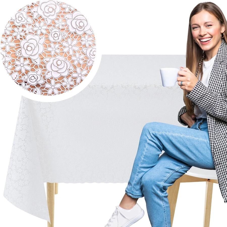 Tafelkleed met Witte Rozen Kantpatroon Elegant en Waterdicht 1 stuk 200 x 137 cm