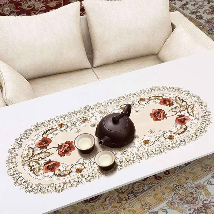 Tafelkleed Rode Bloemen Geborduurd Polyester