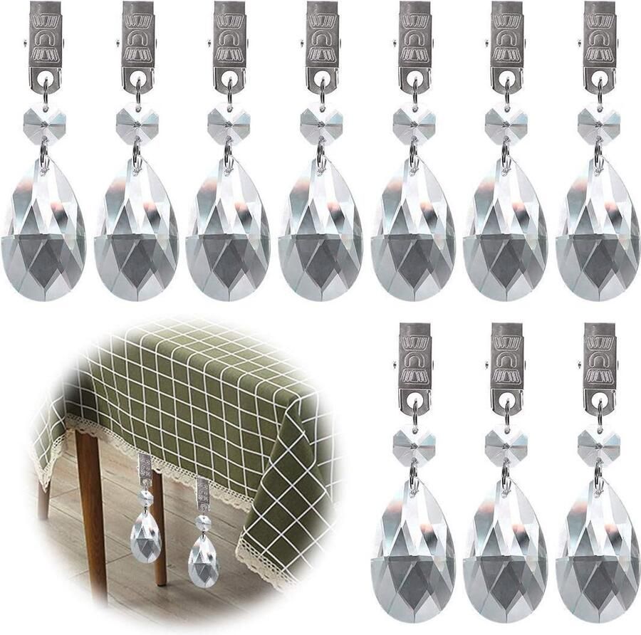 Tafelkleedhangers verzwaard Tafelkleed Gewichten Set 10 Stuks Metalen Clip AB Kristalglas Teardrop Prisma Hanger Tafelkleed Gewichten voor Picknicktafels Tafelkleed Gewichten Zwaar Buiten (Netvormig) Tafelkleed gewichtjes