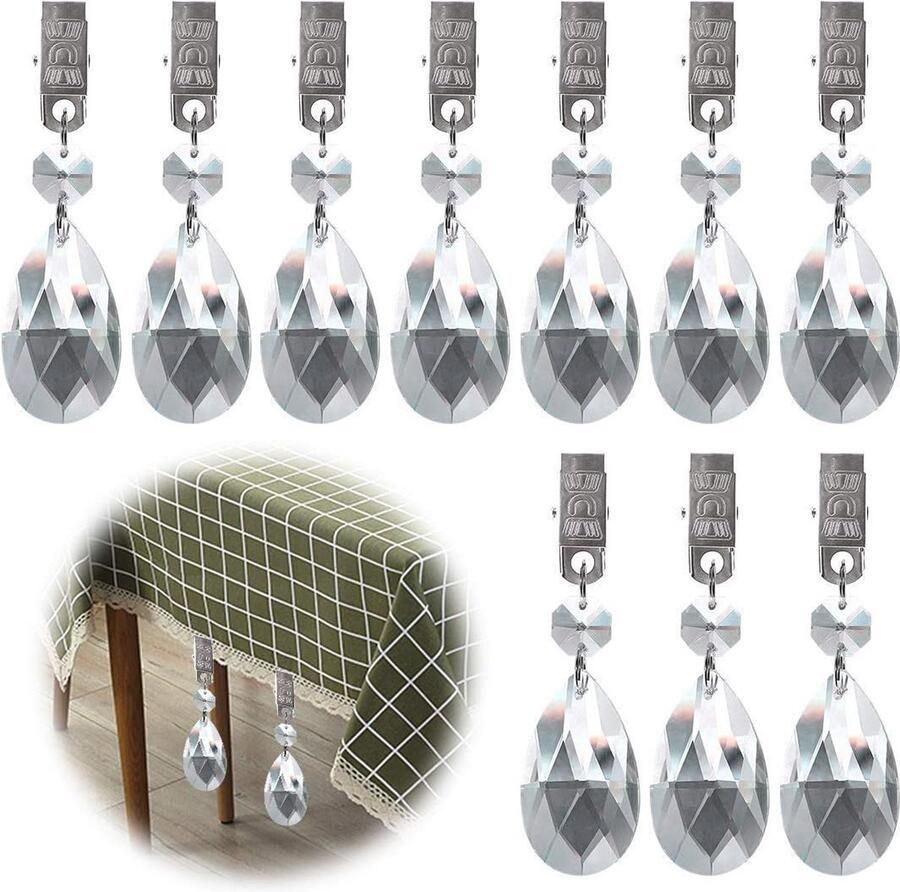 Tafelkleedhangers verzwaard Tafelkleed Gewichten Set 10 Stuks Metalen Clip AB Kristalglas Teardrop Prisma Hanger Tafelkleed Gewichten voor Picknicktafels Tafelkleed Gewichten Zwaar Buiten (Netvormig) Tafelkleed gewichtjes