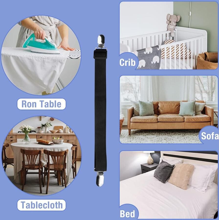 4 Stuks Elastische Lakenspanner met Metalen Clips Verstelbare Elastische Fasteners 60-200cm Zwart