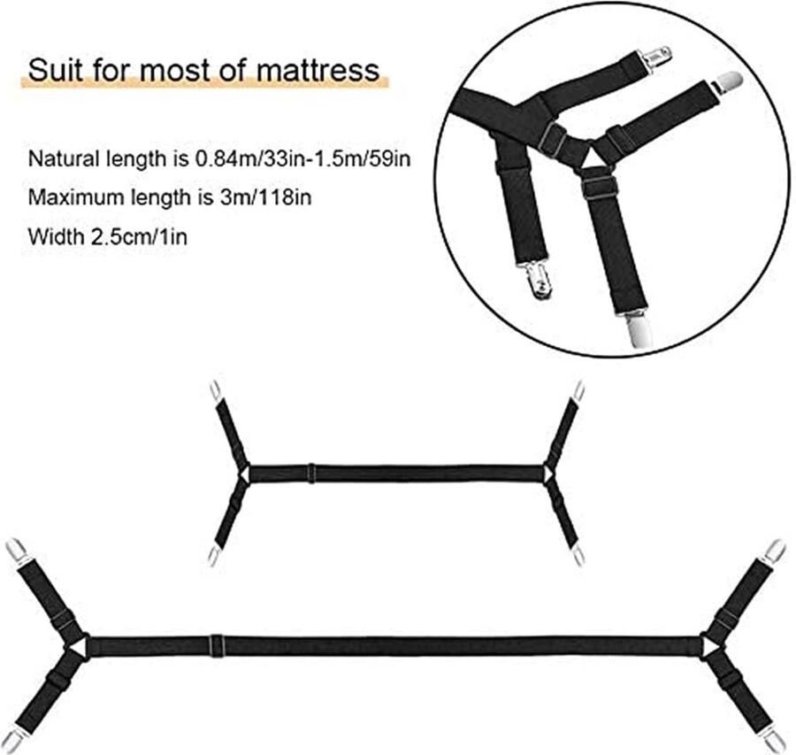Verstelbare lakenspanners 2 stuks elastische lakenhouders witte beddendoekspanner lakenspanner met metalen clips voor lakens matras strijkplank of bank zwart