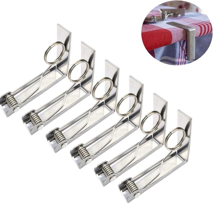 Tafelkleedklemmen Roestvrijstalen tafelkleedklemmen Multifunctionele antislip tafelkleedklemmen 6 stuks Roestvrij staal Tot 2 4 inch Geschikt voor gebruik binnen en buiten Zilver Roestvrij staal