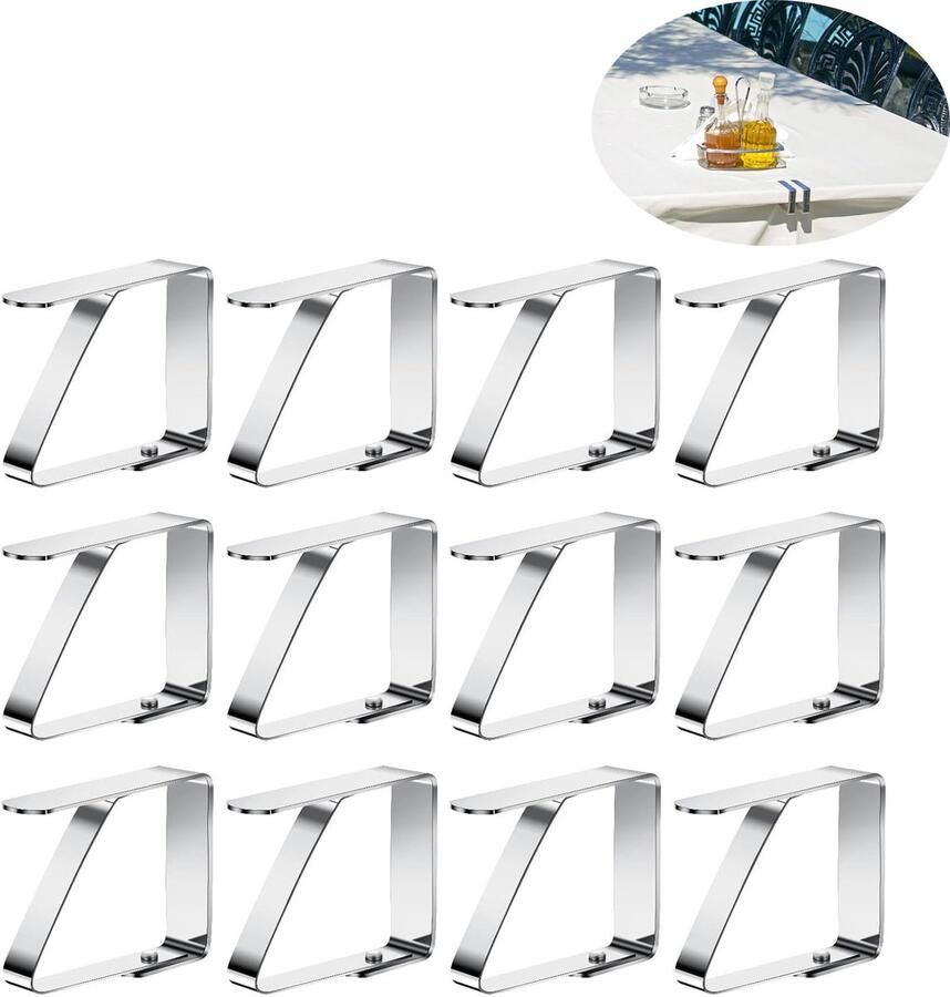 Tafelkleedklemmen RVS Stevige Tafelklemmen voor Tafellaken Tafelkleed Gewichtjes- Tafelkleedklemmen voor de eettafel Geschikt voor picknicks feesten en bruiloften Stevige klemmen Antiwind zilver 12 stuks 5x4 cm