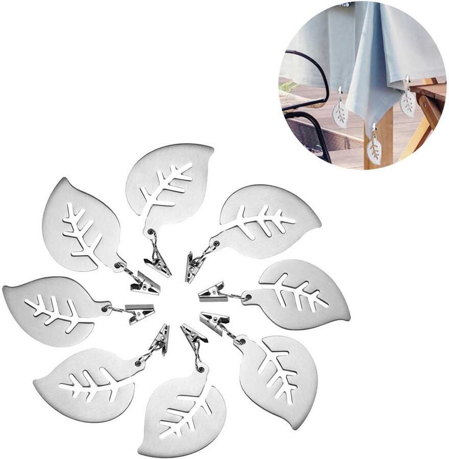 Tafelkleedklemmen Verzwaarde tafelkleedklemmen 8 stuks Tafelkleedgewichtenset Tafelkleedgewichten Roestvrij staal Buitengebruik Zilver Metalen tafelkleedgewichthanger in bladvorm