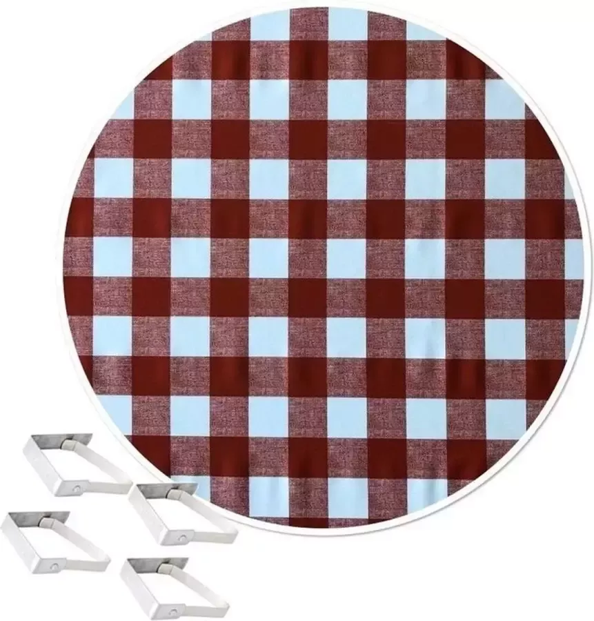 Buiten tafelkleed tafelzeil boeren ruit rood 160 cm rond met 4 tafelkleedklemmen Tuintafelkleed tafeldecoratie