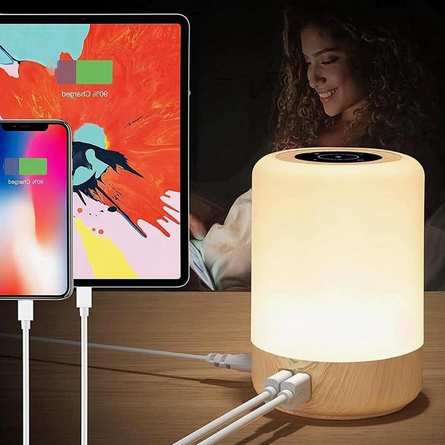 Tafellamp met 4 USB Oplaadpoorten Dimbare RGB Kleurverandering Nachtlampje Lampen met 8 Kleuren en 3 Modi 6W Touch Tafellampen voor Slaapkamer Kantoor Woonkamer