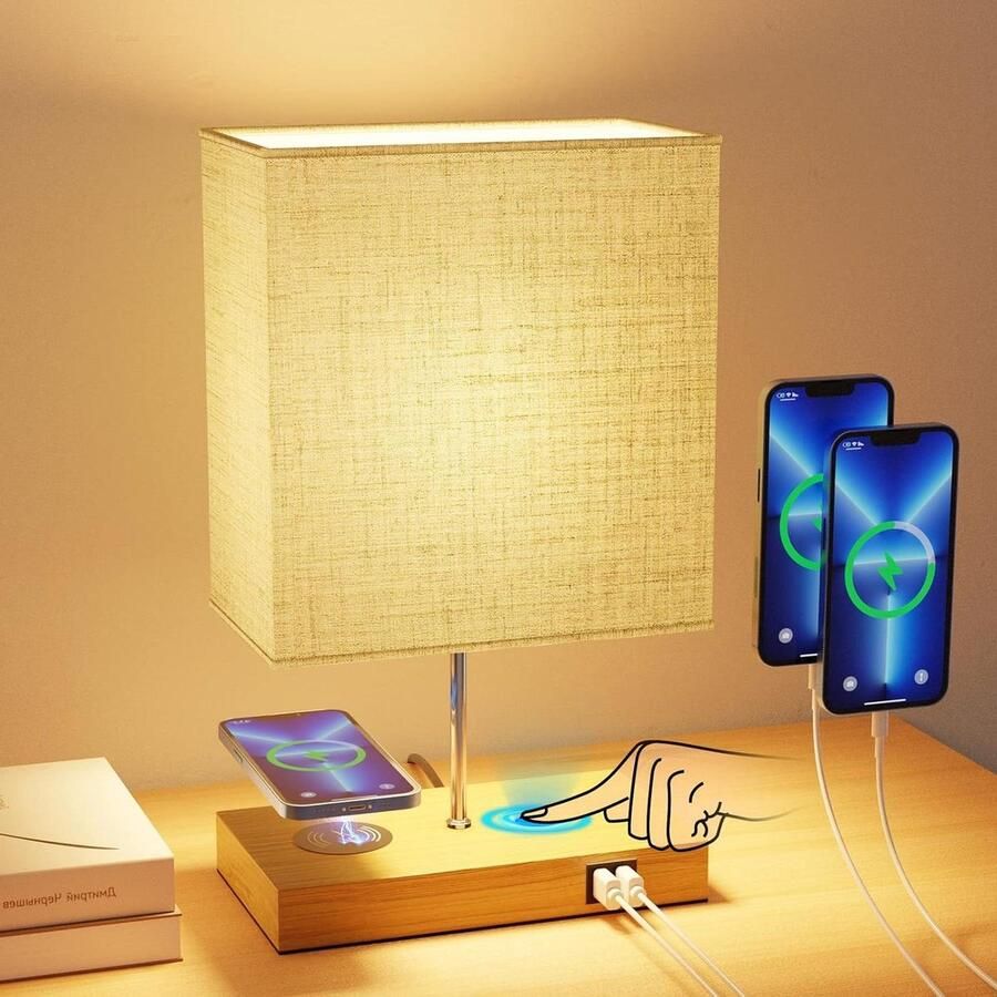 Tafellamp met draadloos opladen en 3-weg dimbaar LED-nachtkastjelamp met 2 USB-poorten voor slaapkamer woonkamer en thuiskantoor