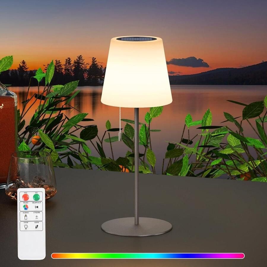 Tafellamp op zonne-energie voor buiten draadloos opladen warm wit dimbaar RGB led met afstandsbediening IP44 solarverlichting binnen