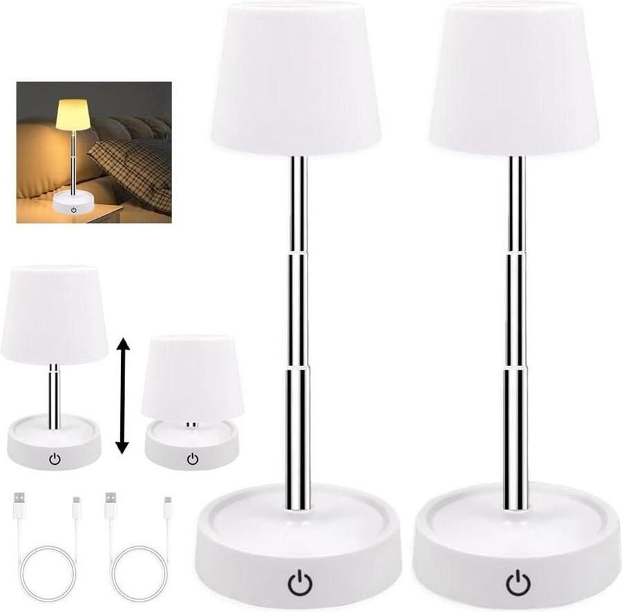 Tafellamp Oplaadbaar Via USB 2 Stuks in Hoogte Verstelbaar Draadloos Dimbaar Telescopisch Touch Bedlampje Voor Nachtkastje Slaapkamer Woonkamer