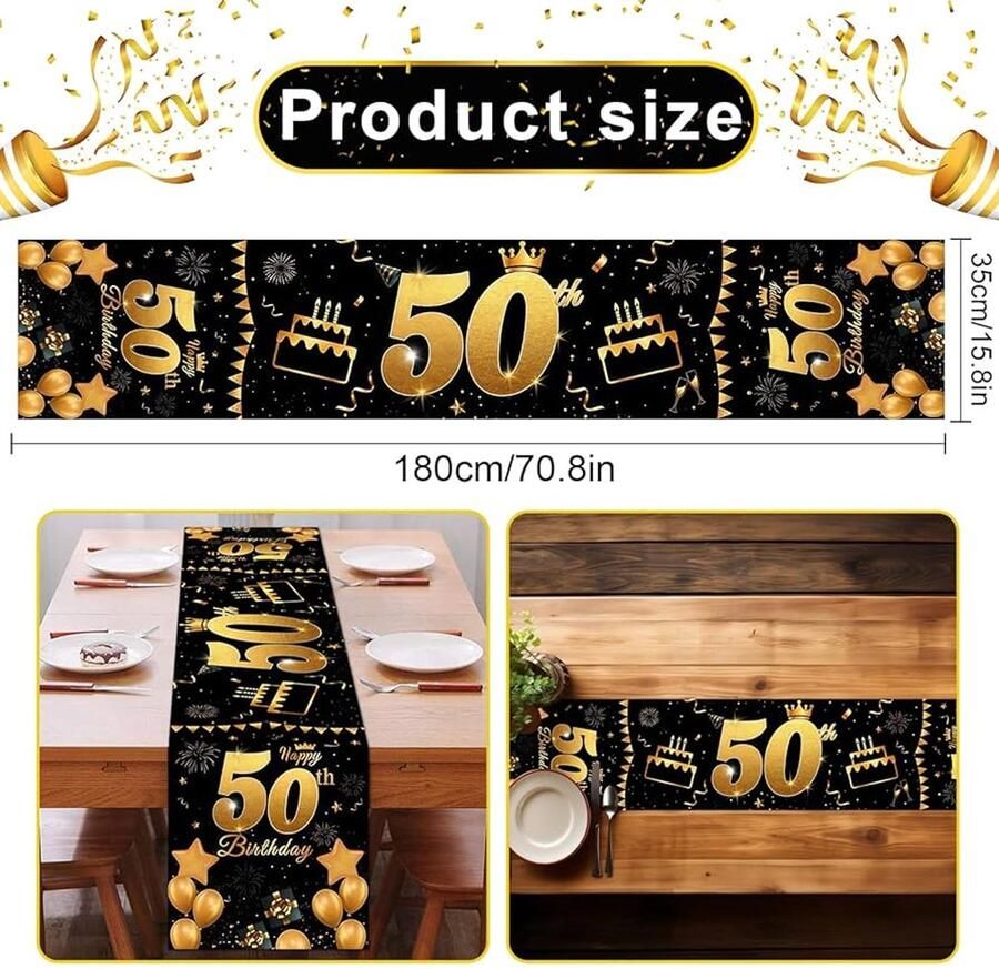 Tafelloper 50e verjaardag zwart-goud feestdecoratie 1 stuk 180 x 35 cm
