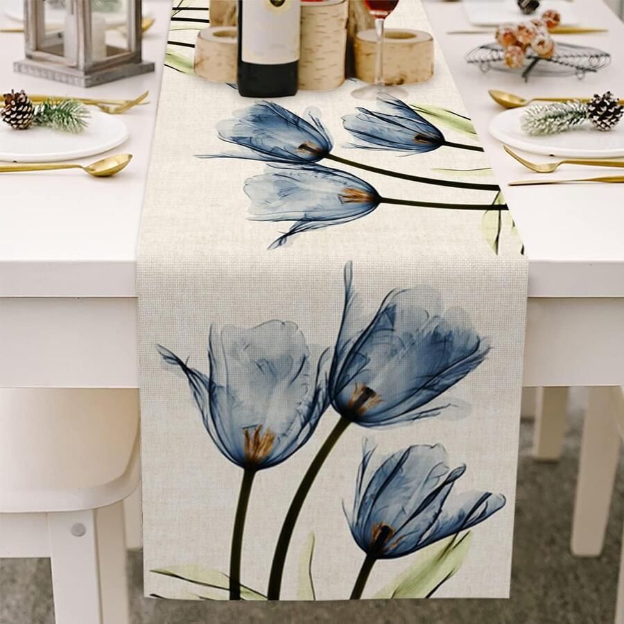 Tafelloper Bloemen Modern Tafeldecoratie 1 Stuk Blauw Linnen 33 x 180 cm