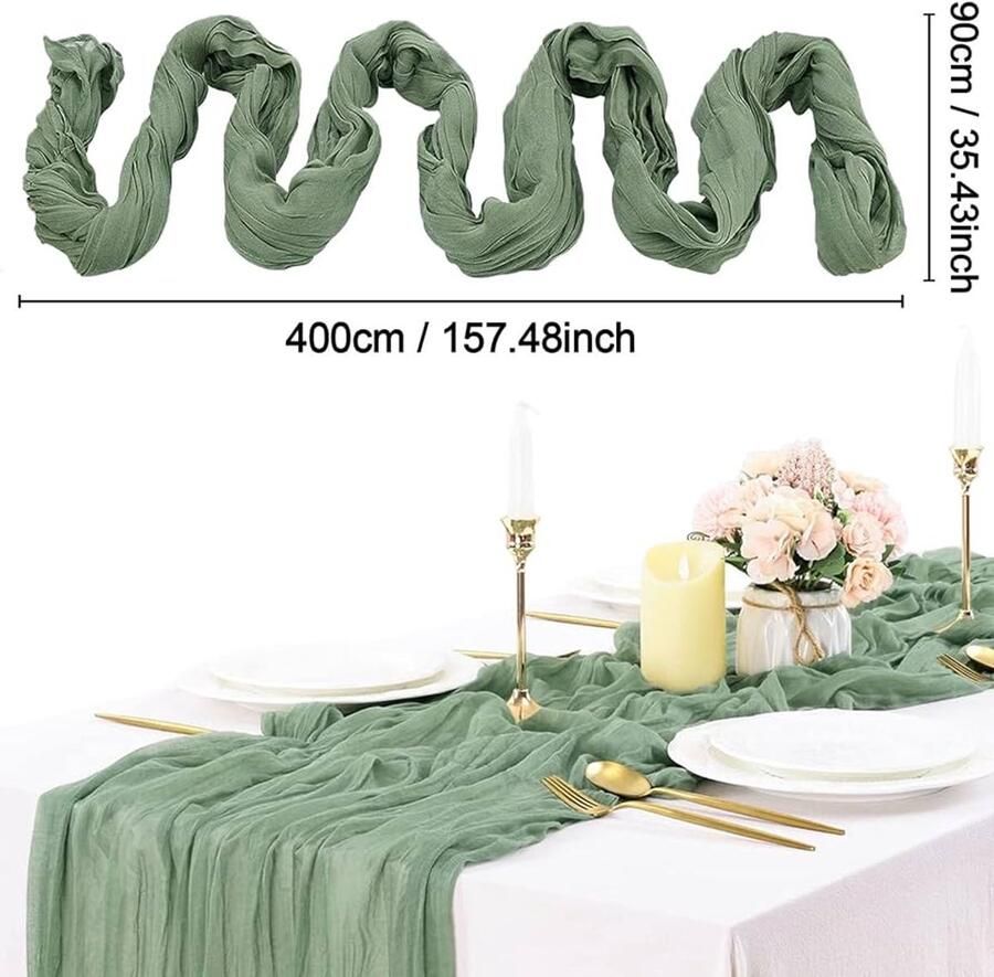 Tafelloper Boho Gaasdoek Lichtgroen Rustieke Tafelkleed voor Feesten