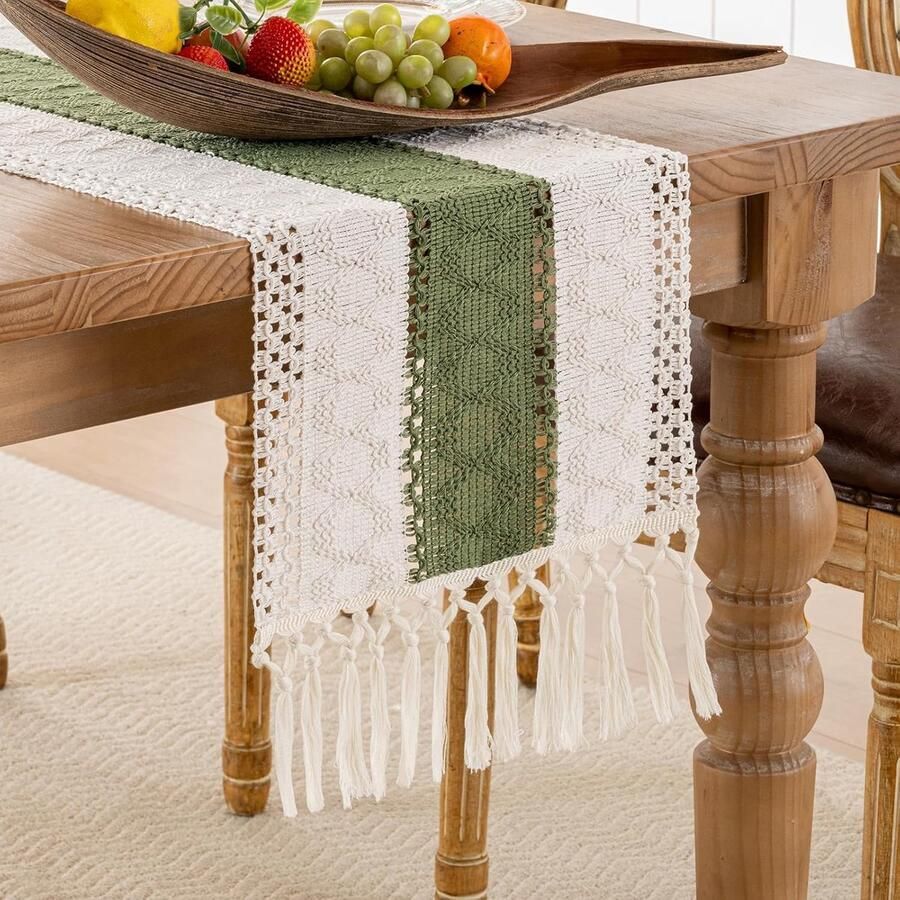 Tafelloper Boho stijl 1 stuk Groen en beige Katoen en linnen 30 x 180 cm