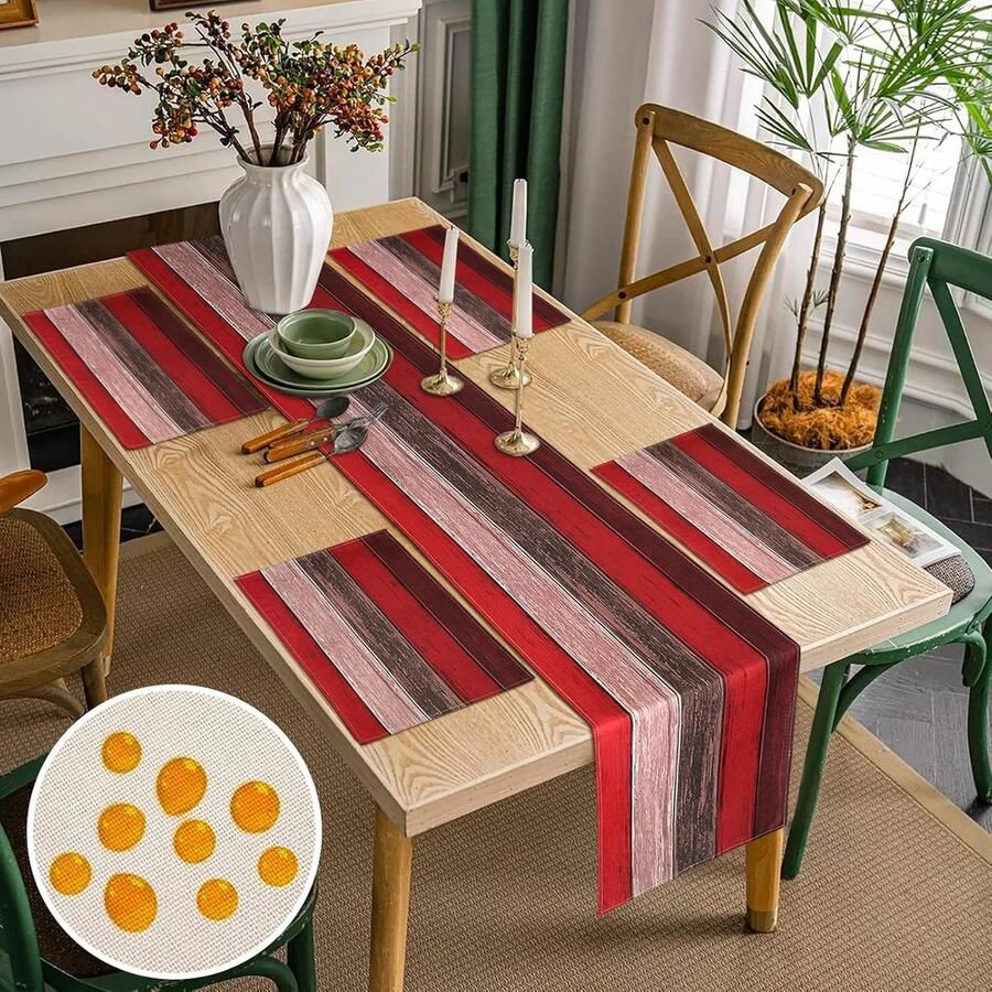 Tafelloper en placemats modern design set van 5 rood en bruin linnenlook 40 x 140 cm