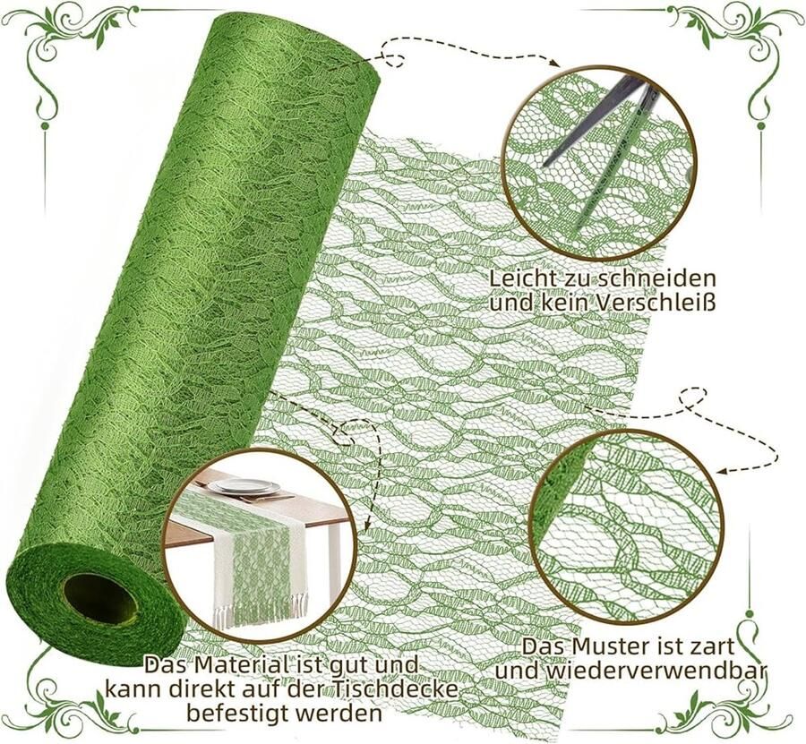 Tafelloper groen vintage kant 1 stuk vliesstof 30 cm x 22 m